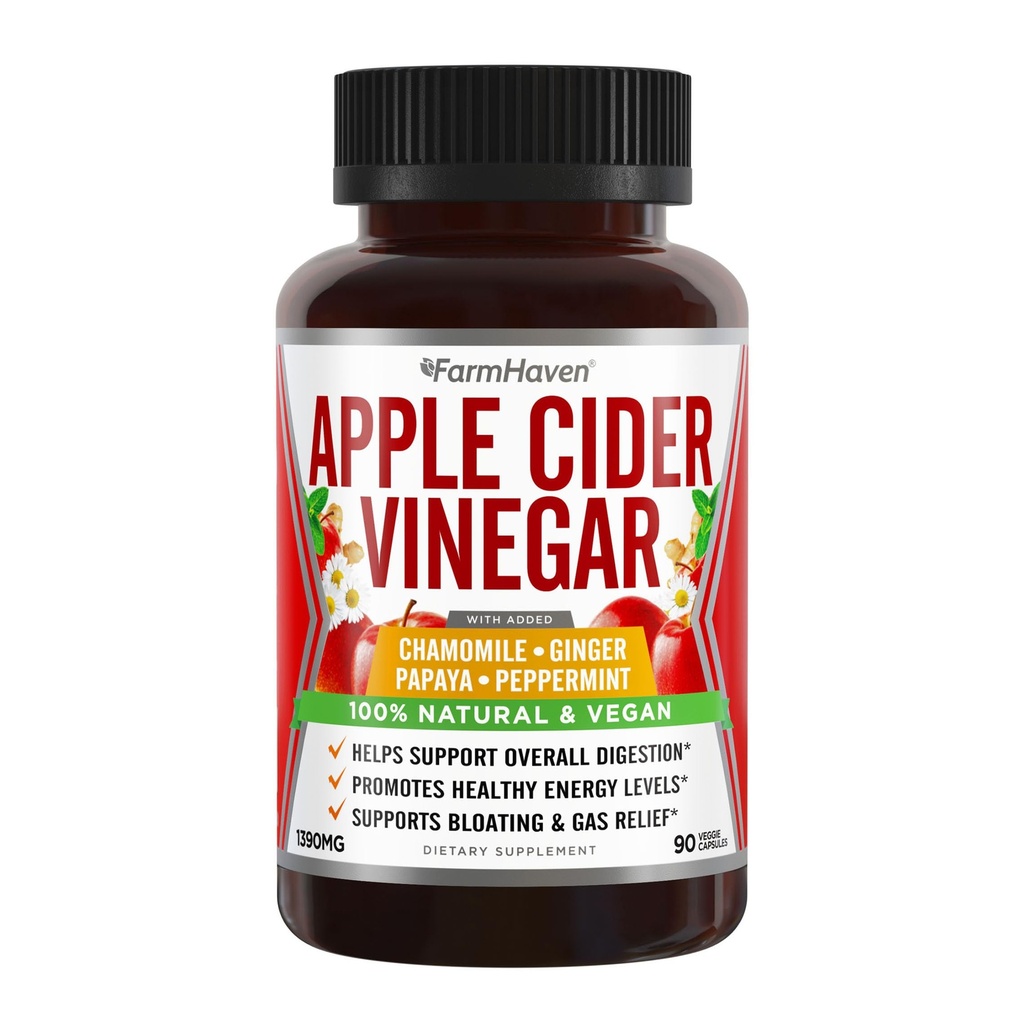 Apple Cider Vinegar 캡슐 Ginger, Papaya 및 Chamomile | 1390mg | 소화, 에너지, 면역성이 향상 | 소오테스 가스 및 블로깅 문제 | 어머니와 같은 | 비 GMO 및 100 % 천연 | 90 캡슐
