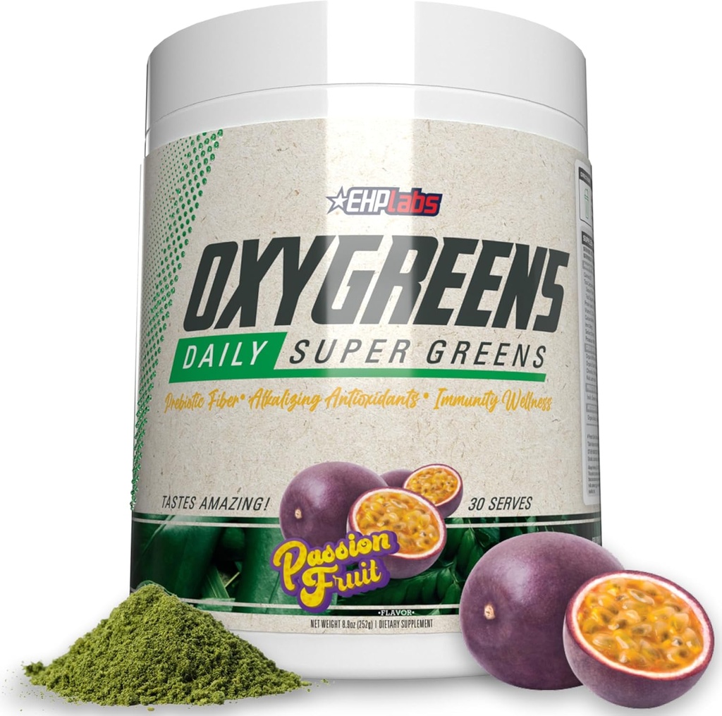 EHP Labs OxyGreens Super Greens Powder - Spirulina & Chlorella Superfood, Green Juice Powder & Green은 Prebiotic Fiber, Antioxidants & Immunity Support, 30 Serves (Passionfruit)로 보충합니다.