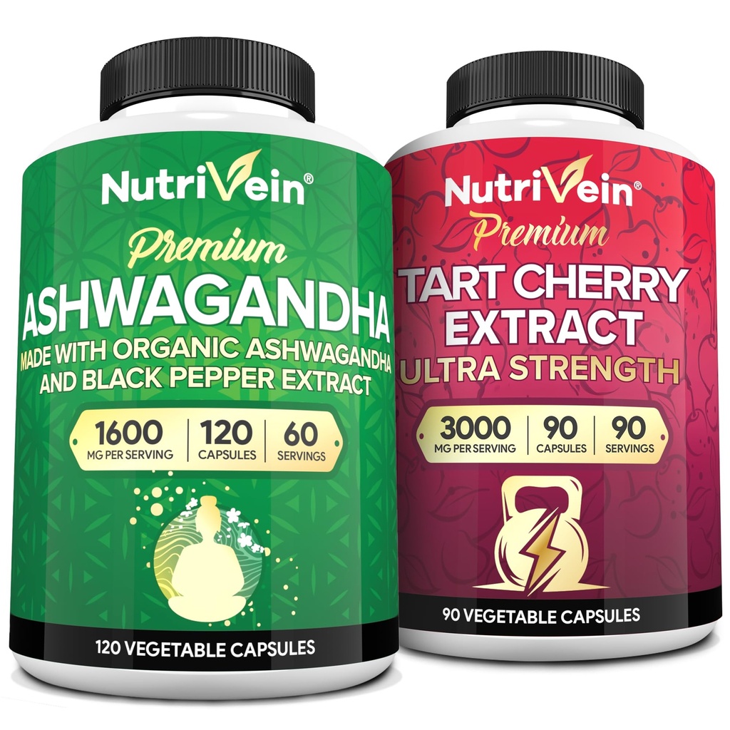 Nutrivein 프리미엄 Ashwagandha 캡슐 & 타트 버찌 캡슐 번들: 높은 흡수 타트 버찌 추출물과 Ashwagandha는 회복, 균형 및 활력을 보충합니다