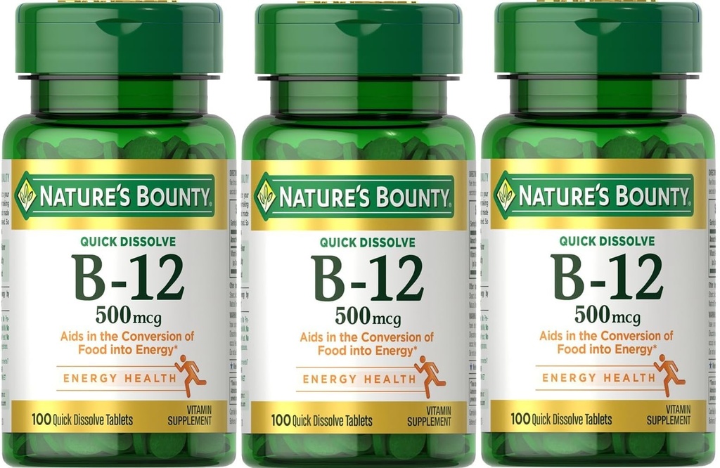 Nature 's Bounty B-12 빠른 정제 500 Mcg, 300 정제 (3 X 100 카운트 병)