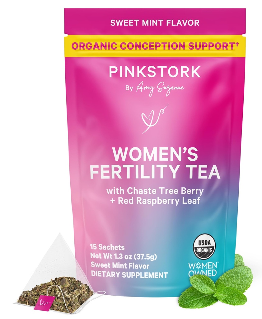 핑크 Stork Organic Fertility Tea for Women | Chaste Tree Berry (Vitex) + Red Raspberry Leaf가있는 여성을위한 불임 보조제 | Conception Support를위한 호르몬 균형 초본 차 | USDA Organic, Caffeine Free - Sweet Mint, 15 Sachets