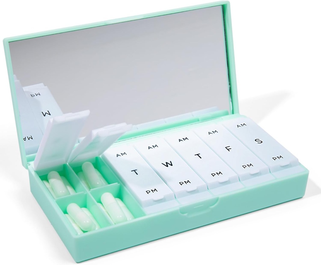 PORT X POLISH Designer Weekly Pill Box 주최자 (AM / PM 2X Daily, Mint) | 컴팩트, 세련된 7 일 비타민 보충 케이스 | 귀여운 휴대용 미니 여행 의학 캐리어 | BPA-Free Pillbox Caddy