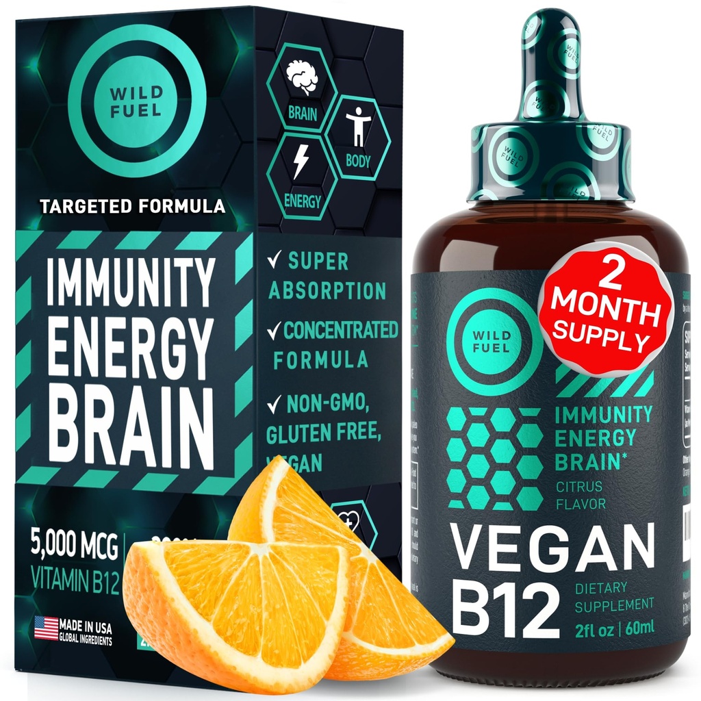 Vegan 비타민 B12 액체 낙하 - 빠른 인용 B12 서브 언어 5000 mcg Methylcobalamin 보충교재 - 에너지, 기억 및 계류 지원 - 하루 당 높은 순수성 1-Dropper - 자연적인 감귤류 풍미 - 2oz