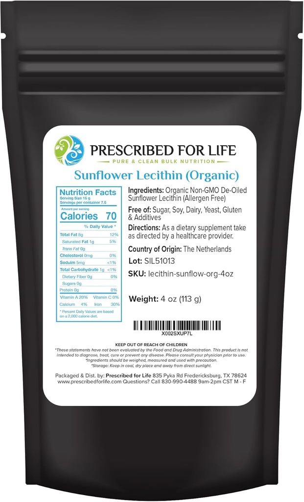 생명 유기 해바라기 Lecithin 분말, 자연, 글루텐 무료, Vegan, 비 GMO, Soy Free, Kosher, Lecithin Supplement Rich in Choline & Essential Fatty Acid (4oz / 113g)