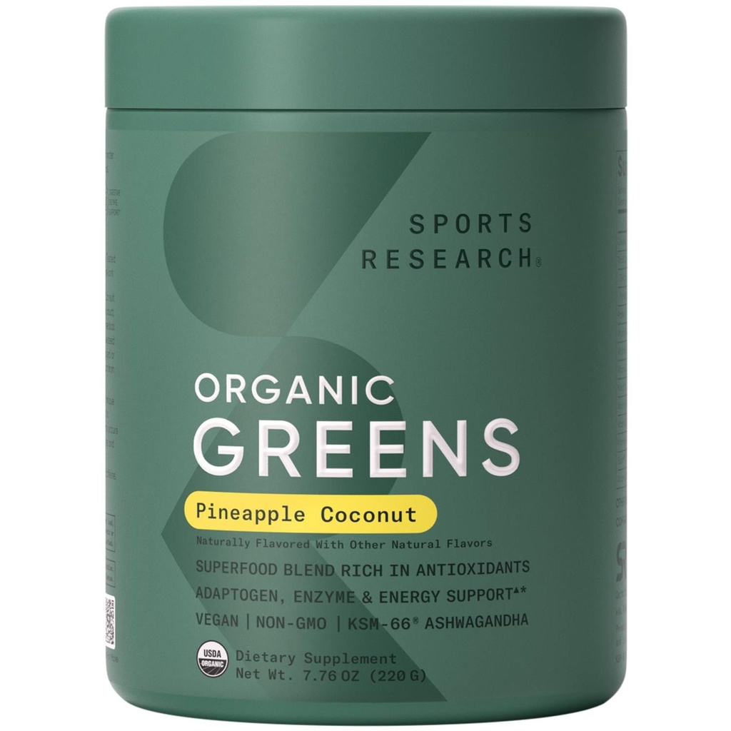 Sports Research® Organic Pineapple Coconut Greens - 소화 건강, 천연 에너지 및 계류 지원 * - 공인 유기농 분말 - 20 서빙