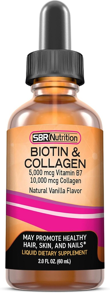 SBR 영양 Biotin와 교원질 액체 매일 규정식 보충교재, 머리 성장과 두껍게 하기를 위한 비타민, 피부 건강 및 못 힘, 2개 oz (60mL)