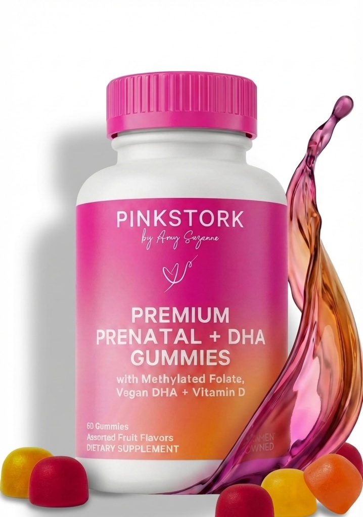 핑크 Stork 프리미엄 Prenatal Gummy 비타민 DHA, Folate 및 비타민 D - 신경 튜브 및 태아 뇌 발달을위한 다비타민 및 영양 혼합 - 임신이 있어야합니다 - 60 Vegan Gummies