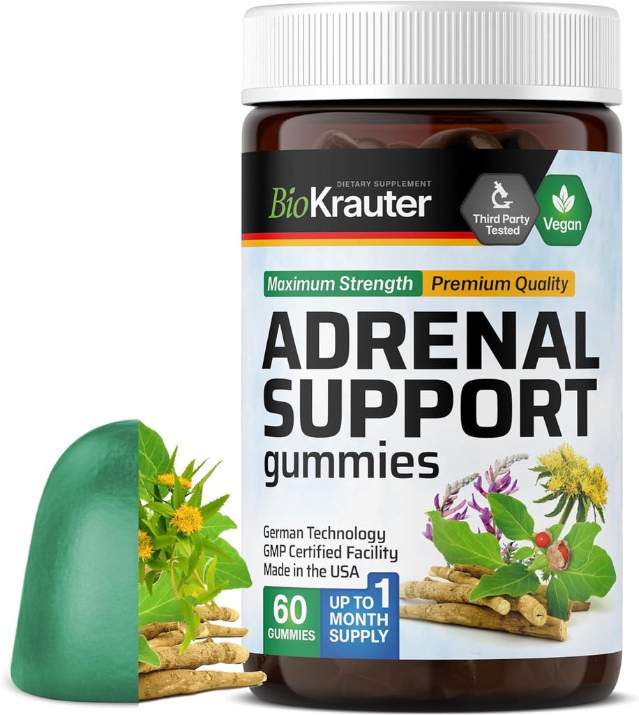 BIO KRAUTER Adrenal 지원 Gummies - 60 Chews - 비타민 C, B6, B12를 가진 Rhodiola & Ashwagandha Gummies - Vegan Mood 지원 보충교재