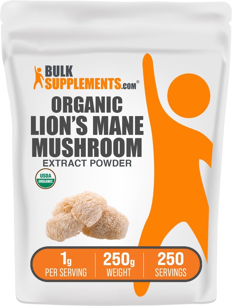 BulkSupplements.com 유기 사자 Mane 버섯 추출물 분말 - 사자 Mane 보충 분말, Well-Being을위한 Superfood - 채식 당 1g, 250g (8.8 oz) (1 팩)