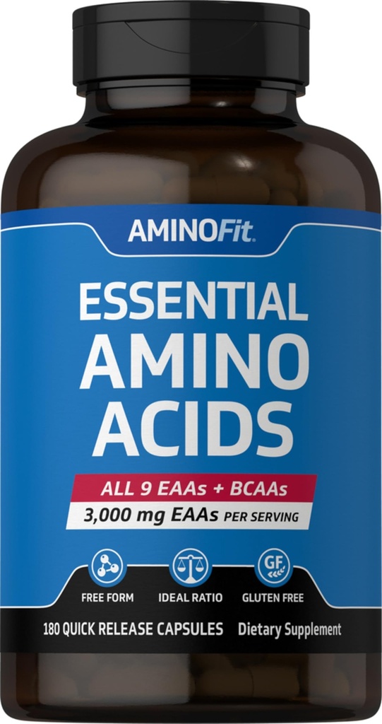 Piping Rock Essential Amino Acids 보충 | 3000mg | 180 캡슐 | 남성과 여성을위한 복합 혼합 | EAA 및 BCAA | Non-GMO, 글루텐 프리 | 피트니스 연구소