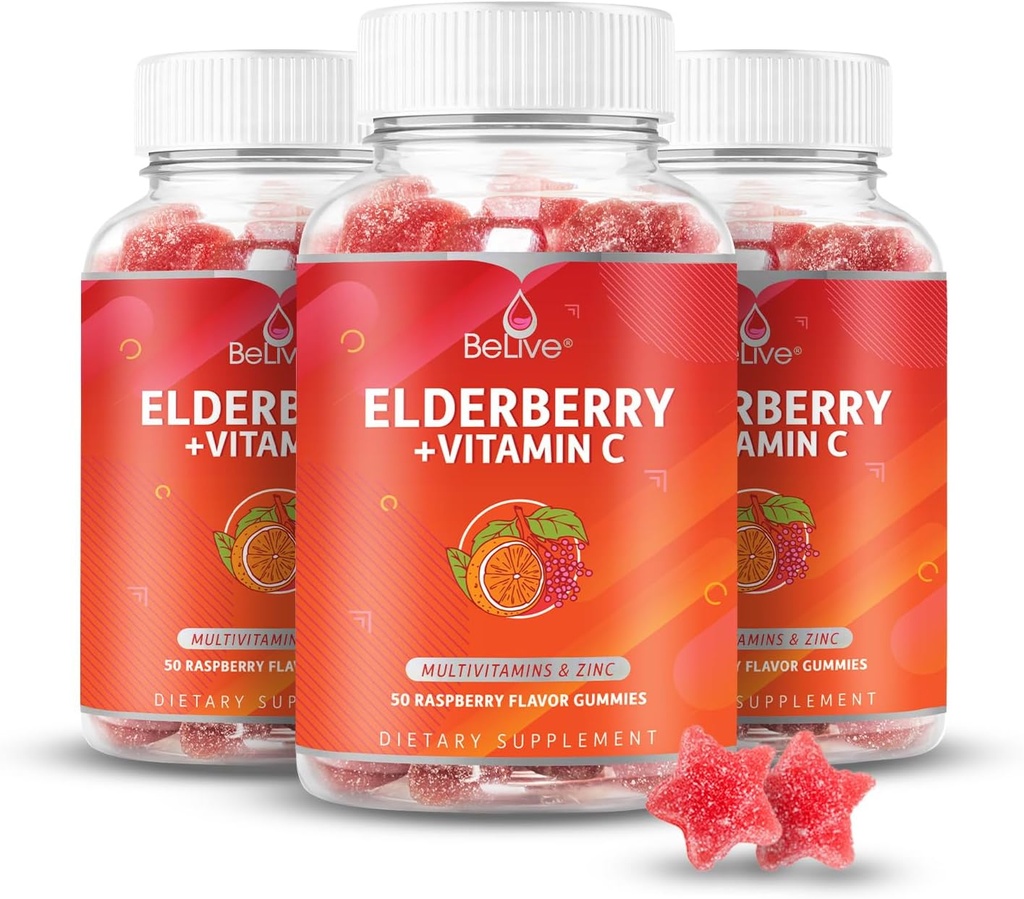아연과 비타민 C를 가진 BeLive Elderberry Gummies - 비타민 D, A, E, B12를 가진 면역 지원 보충교재 - 건강한 Bones & Teeth, Vegan, Keto & Non-GMO를 위한 Gummies - 라즈베리 풍미 | 3-Pack