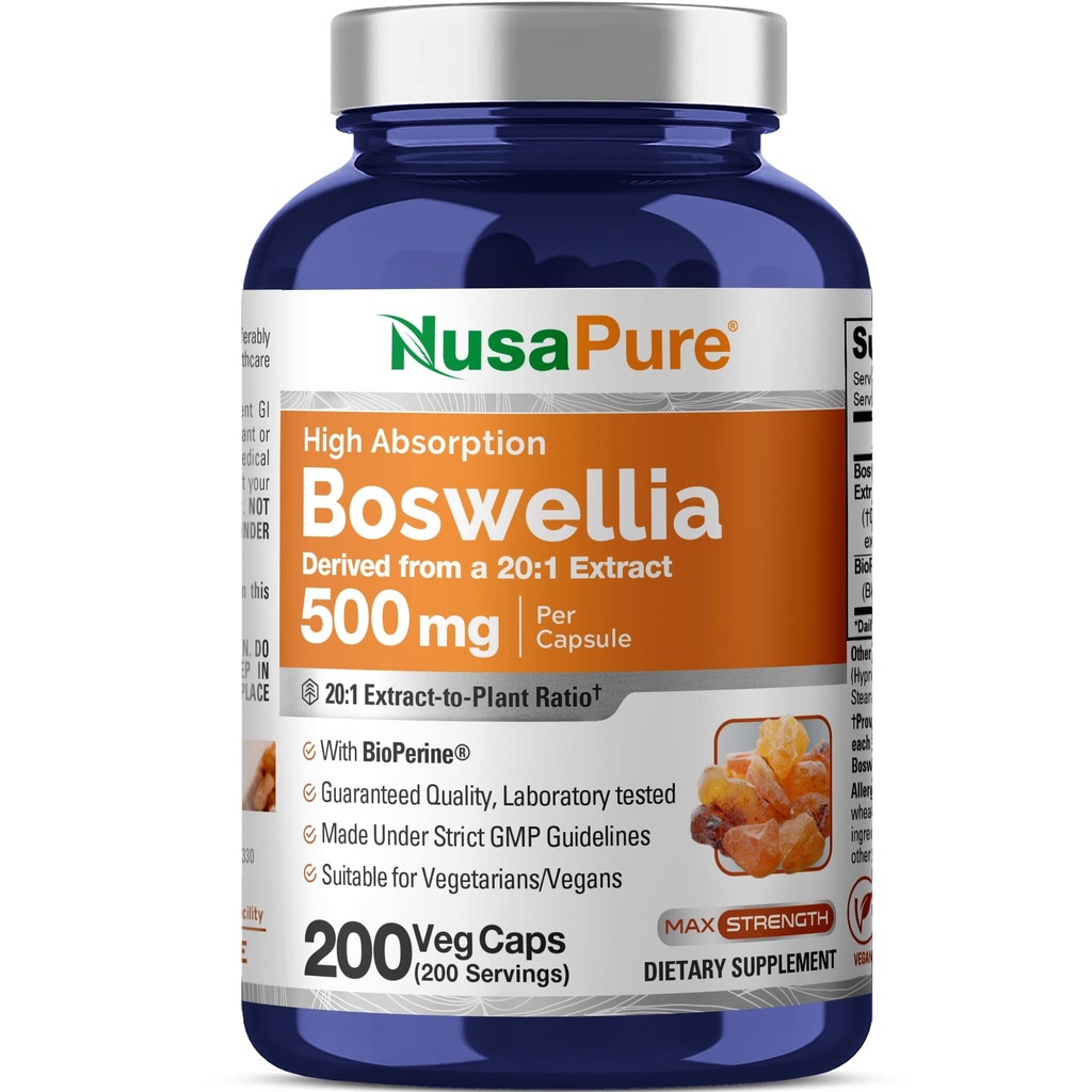 NusaPure Boswellia Serrata 10,000 Veggie 모자 당 mg 200 조사 (Ext. 20:1, Non-GMO, Vegan, Bioperine) Ayurvedic 허브 : 인도 Olibanum, Frankincense