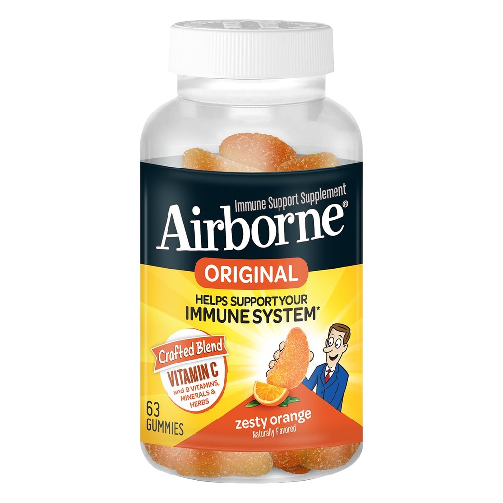 Airborne 비타민 C 750mg (섭리 당) Zesty 오렌지 맛있은 Gummies (병에 있는 63 조사), 비타민 A C E, 셀레늄, Echinacea & Ginger를 가진 글루텐 자유로운 면역 지원 보충교재