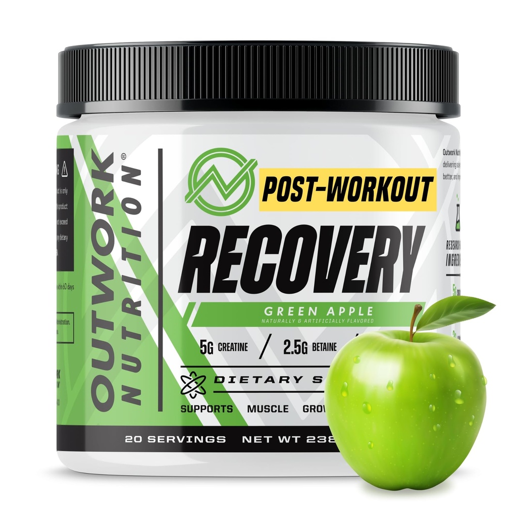 아웃 워크 영양 포스트 운동 회복 분말 - Creatine Monohydrate, KSM-66 Ashwagandha & Tart Cherry - 속도 복구, Eases Soreness - 남성과 여성을위한 크레아틴 분말, 녹색 애플, 240 Gr