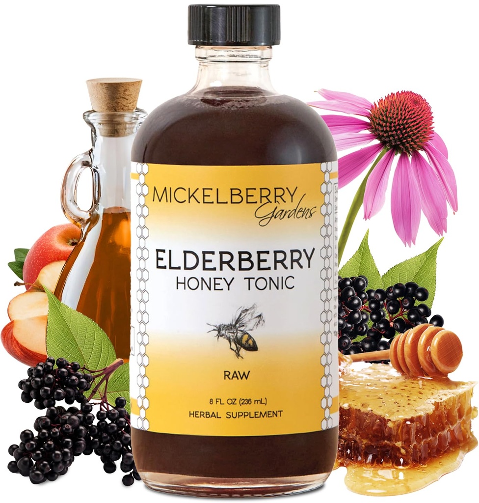 Mickelberry Gardens Elderberry Honey Tonic, Sambucus Syrup, Black Elderberry - 성인 및 어린이를위한 면역 지원 (8 온스)