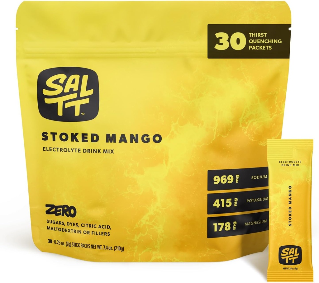 SALTT 전해질 분말 맛 음료 혼합 - Stoked Mango - 30 Hydration Packets - 마그네슘, 칼륨, 나트륨, 추적 미네랄 - Zero Sugar & 글루텐 무료 - 여행 필수