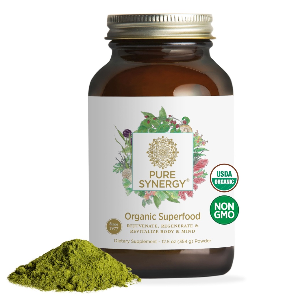 PURE SYNERGY Organic Superfood Powder | 그린 슈퍼 푸드 파우더 | 유기농 그린, Spirulina, 버섯과의 전체 식품 보충 | 에너지, 건강한 노화 및 면역 건강 (12.5 oz)