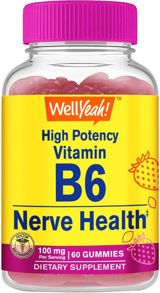 WellYeah 높은 효능 비타민 B6 Gummies - Nerve Health, Cognitive Function, Mood Regulation, 면역 지원 및 심혈관 건강 증진 - Vegan, Non-GMO, 글루텐 - 무료 60 개