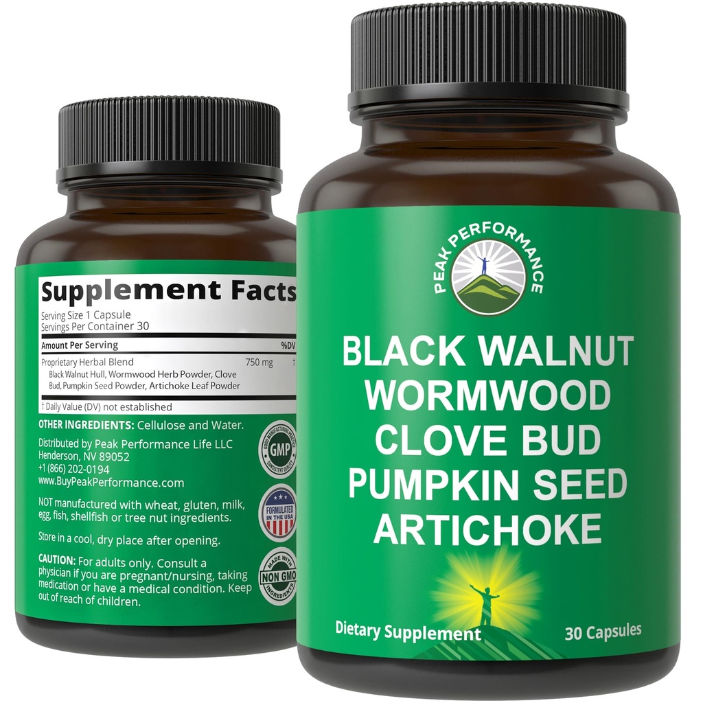 Wormwood Black Walnut Clove는 인간을 위해 청소합니다. Elimination Detox + Intestinal 지원 캡슐 성인과 아이를 위한 보충교재. 추가 혜택을위한 Artichoke 및 Pumpkin Seed로 알약