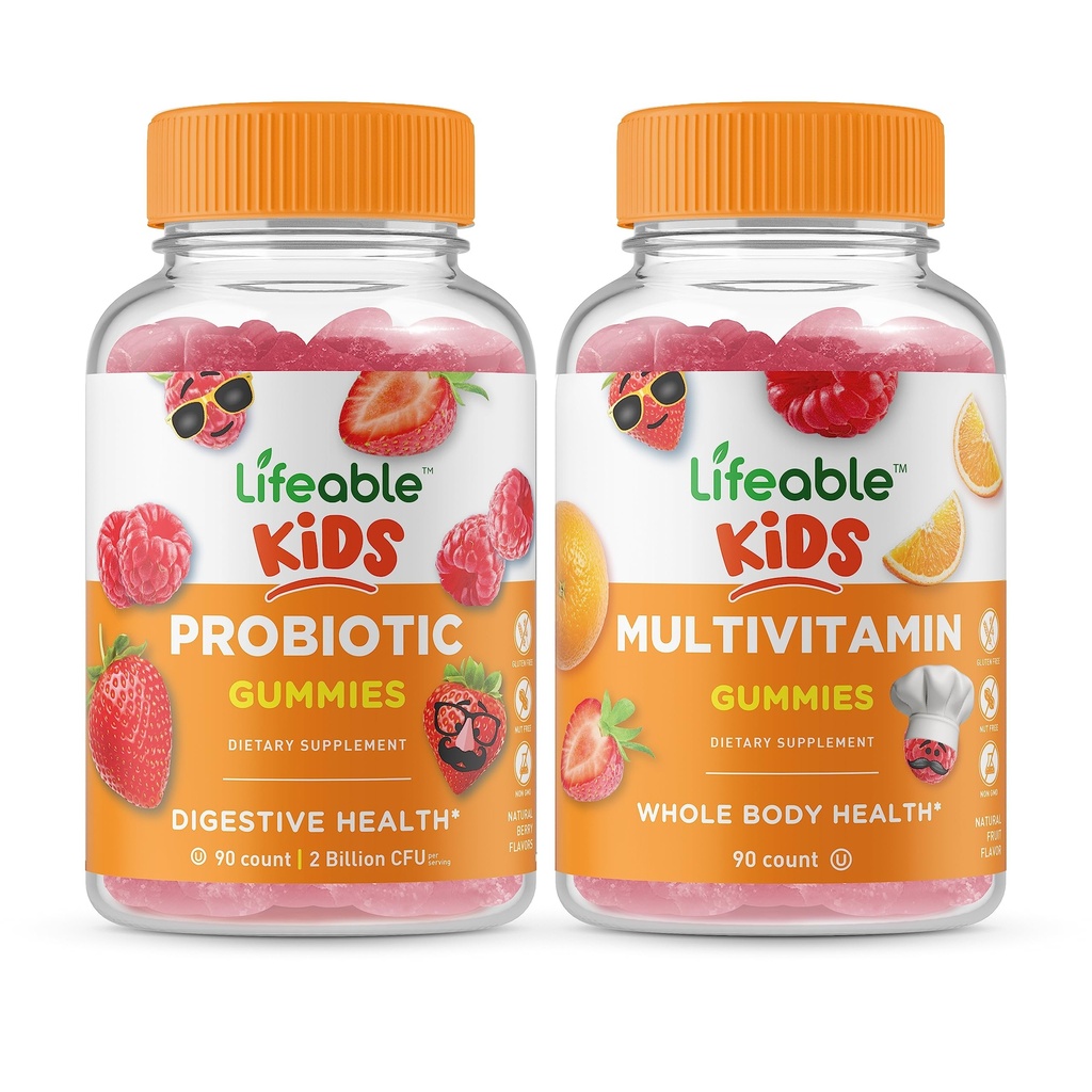 Lifeable Probiotic 2 억 CFU Kids + Multivitamin Kids, Gummies 번들 - 훌륭한 타스팅, 비타민 보충, 글루텐 무료, GMO 무료, Chewable Gummy