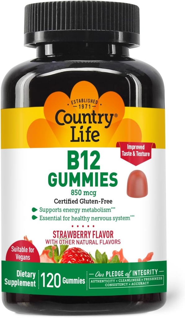 국가 생활 비타민 B12 Gummies – 850 mcg Cyanocobalamin, 120 조사 – Vegan, 에너지 대사를 위한 글루텐 자유로운 거미 보충교재 & 신경 체계 지원 – 자연적인 Strawberry 풍미, 2g 설탕