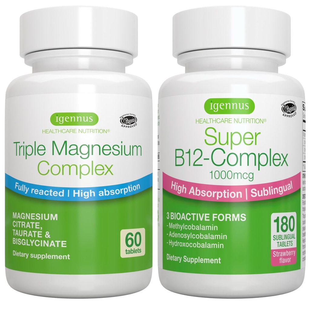 Triple Magnesium Complex + Super B12-Complex 에너지 번들, 높은 흡수 킬레이트 글리세라이드, 타우레이트 및 시트레이트 마그네슘 + 높은 흡수 서브 언어 B12, Vegan, Igennus의