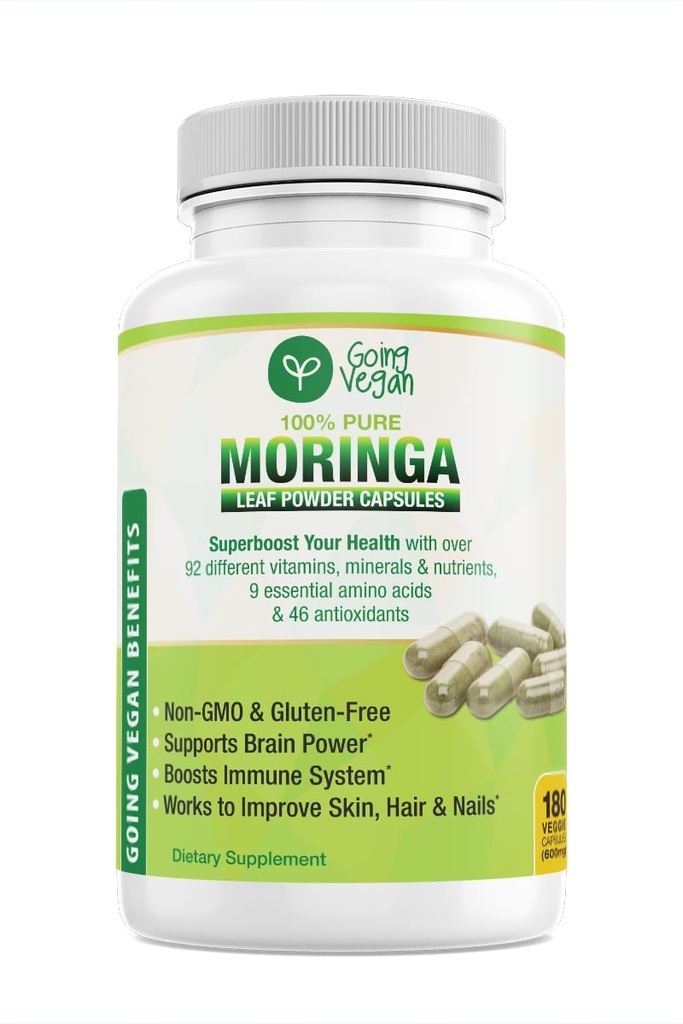 Moringa 캡슐, 180 Vegan 순수한 Oleifera 잎 분말 알약, 서빙 당 1200mg, 비 GMO 및 글루텐 자유로운 보충교재, 3 달 공급, 면역 체계 지원, Metabolism 및 에너지 승압기