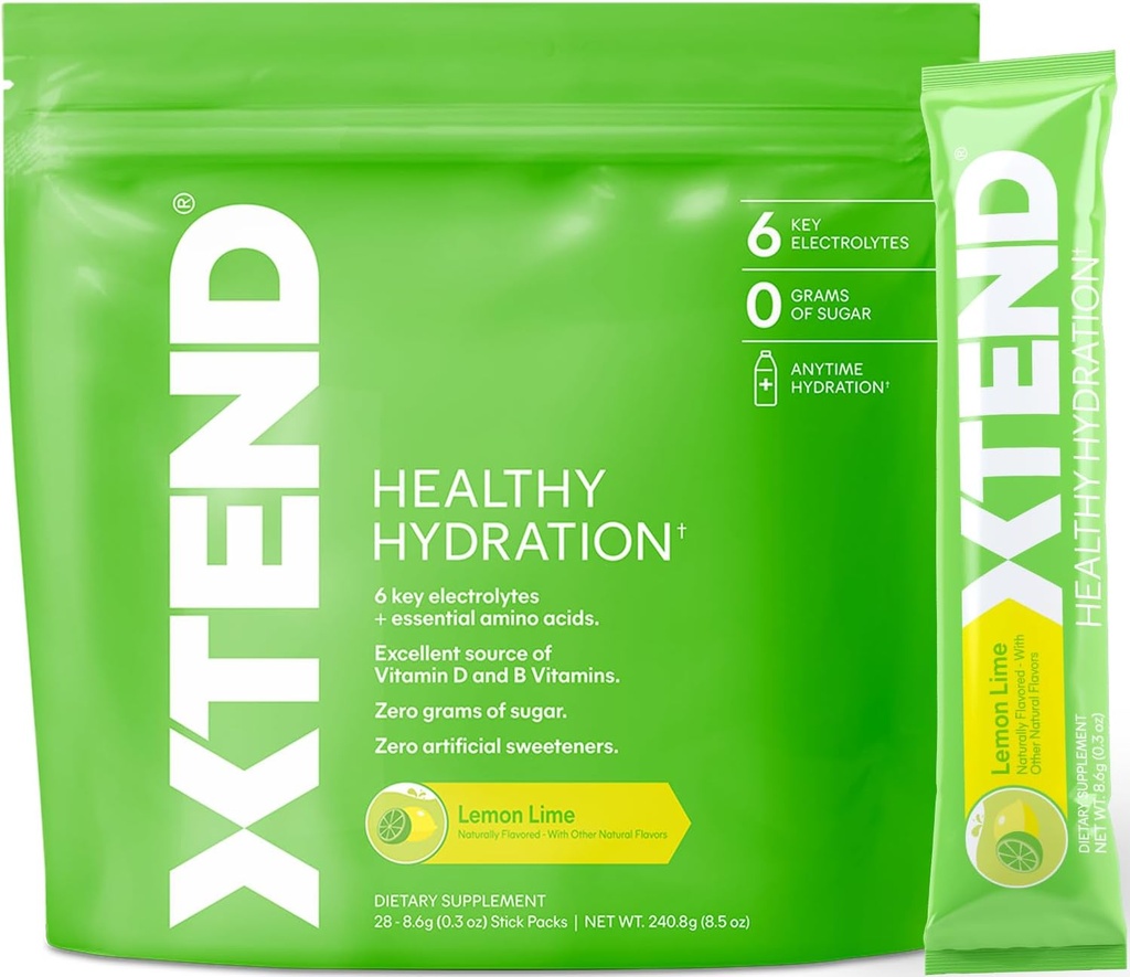 Xtend XTEND Healthy Hydration | 슈페리어 히드라이즈 파우더 패킷 | 전자 음료 믹스 | 스포츠용 NSF 인증 | 28 스틱, 레몬 라임