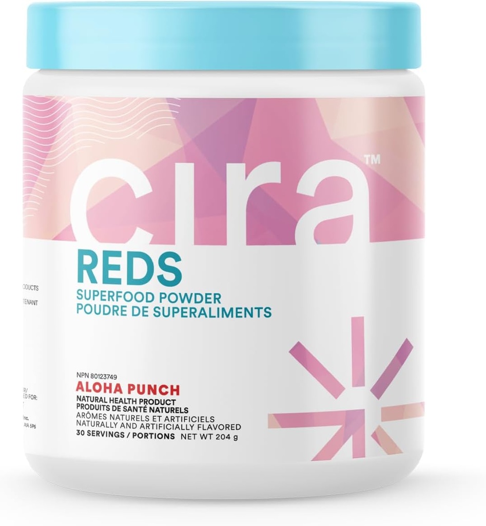 Cira Glow-Getter Reds Superfood Powder - 증가 에너지 및 Gut 건강을위한 산화제 및 폴리 페놀 - 30 서빙, Aloha Punch