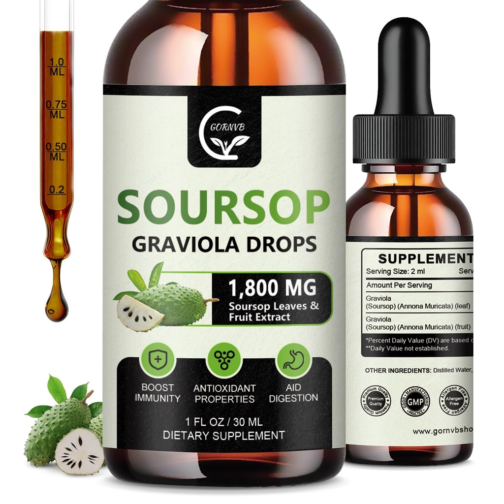 (2 팩) Soursop Graviola 액체 하락 1800mg의 세포 지원 & 재생, 면역 부스트, 휴식, 간결 및 수면, 초본 Goodness, 글루텐을 위한 98% 흡수 Soursop Bitters 액체, 1개 Fl Oz