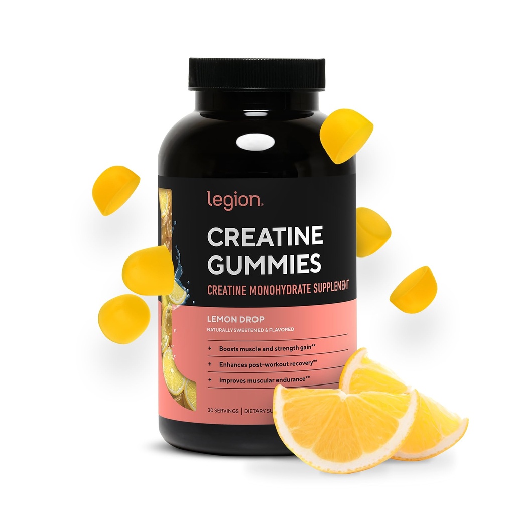 LEGION 크레아틴 Monohydrate Gummies – 힘, 내구시간 및 근육 회복을 위한 청결한 Chewable 크레아틴 보충교재 – 30 레몬 드롭 풍미 서빙 – 인공 풍미 또는 감미료 없음.