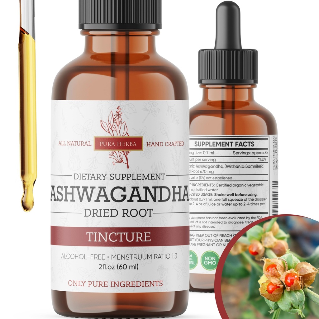 유기 Ashwagandha 액체 드롭, Ashwagandha 뿌리 Tincture, Ashwagandha 추출물 허브 보충제 - 2 Fl Oz