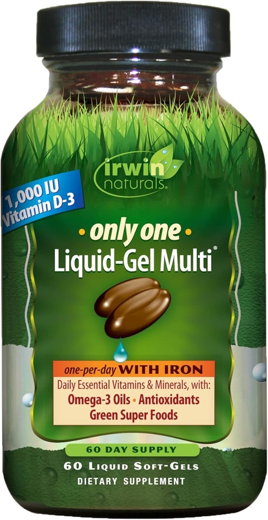 Irwin Naturals Only One Liquid-Gel Multi - 60 Softgels - 철, 오메가 3 오일, 산화 방지제 및 녹색 슈퍼 푸드가있는 일 멀티 비타민