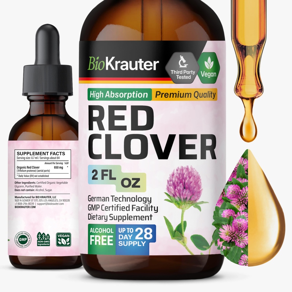 BIO KRAUTER Red Clover Tincture - Red Clover Extract - 여성 지원을위한 액체 보충 - 알코올 및 설탕 무료 - Vegan Drops 2 Fl.Oz.