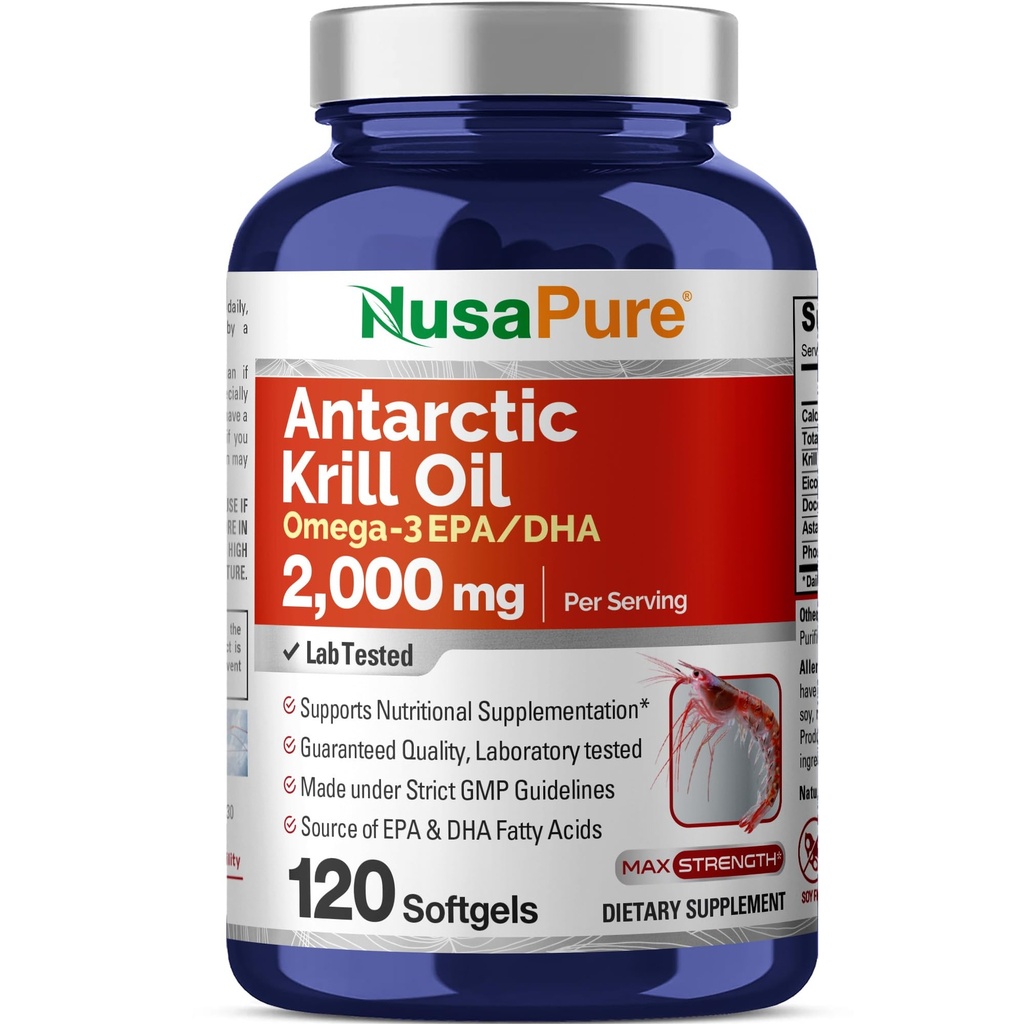 NusaPure 남극 Krill 기름 2000 mg 120 Softgels, Omega-3 EPA 360mg, DHA 240mg의 Krill 800ppm에서 sourced Soyfree Astaxanthin 보충교재