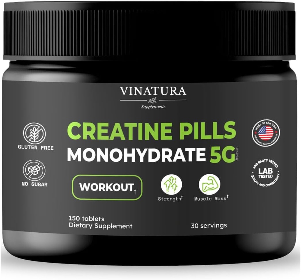 VINATURA 크레아틴 Monohydrate 알약 5g - 크레아틴 정제, 남자를 위한 크레아틴 알약, 여자, 크레아틴 en capsulas *USA 만드는 & Tested* , 크레아틴 monohydrate 분말 alt, 150의 정제 30의 서빙