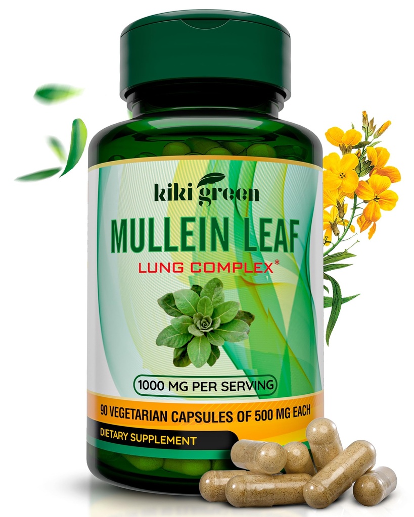 KIKI 녹색 Mullein 잎 추출물 캡슐 - 덩어리 초본 보충교재 - Lung Cleanse를 위해, 지원, 더 나은 호흡, 면역 기능 - 1000mg 45 서빙 - 90 조사