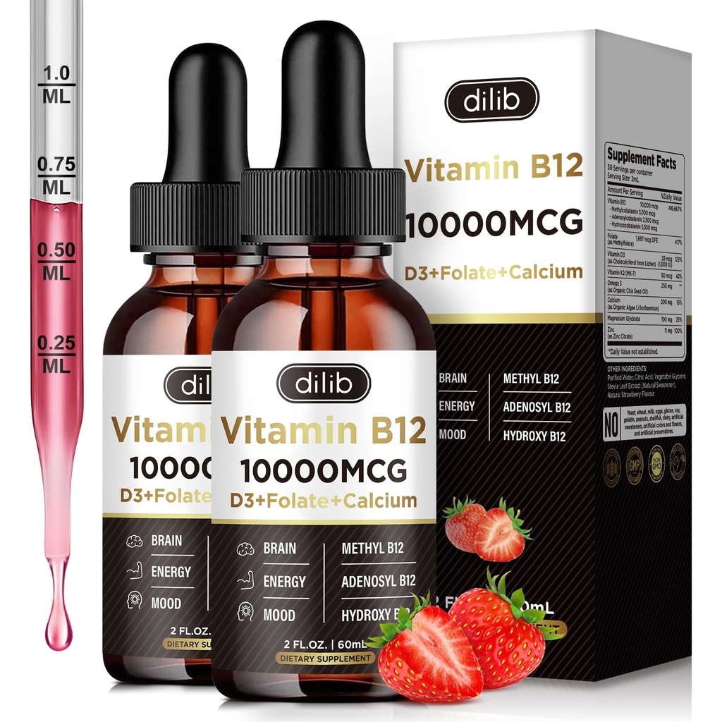 비타민 B12 액체 하락 이하 언어 10000 mcg, 트리플 B-12 복잡한 보충교재, 여성 & 남자를 위한 메틸 & Methylcobalamin 혼합, 계류 & 에너지 승압기, 대사 & 건강 지원, 2 팩