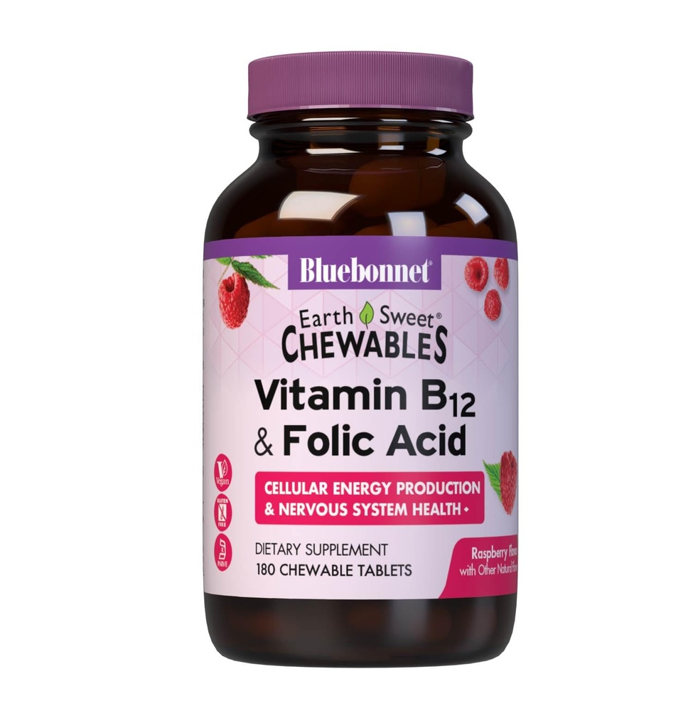 Bluebonnet Nutrition Earth Sweet Vitamin B12 1000 mcg & Folic Acid 400mcg Brain Health & Energy* Vitamins for Women & Men - Vegan, 글루텐 프리 라즈베리 B 12 비타민 - 180 Chewable Tablet