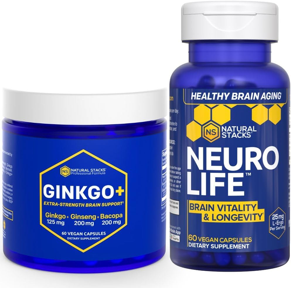 NATURAL STACKS Ginkgo Biloba + NeuroLife 보충 번들 - 지원 정신 성과 & 두뇌 Longevity* - 120 총 캡슐