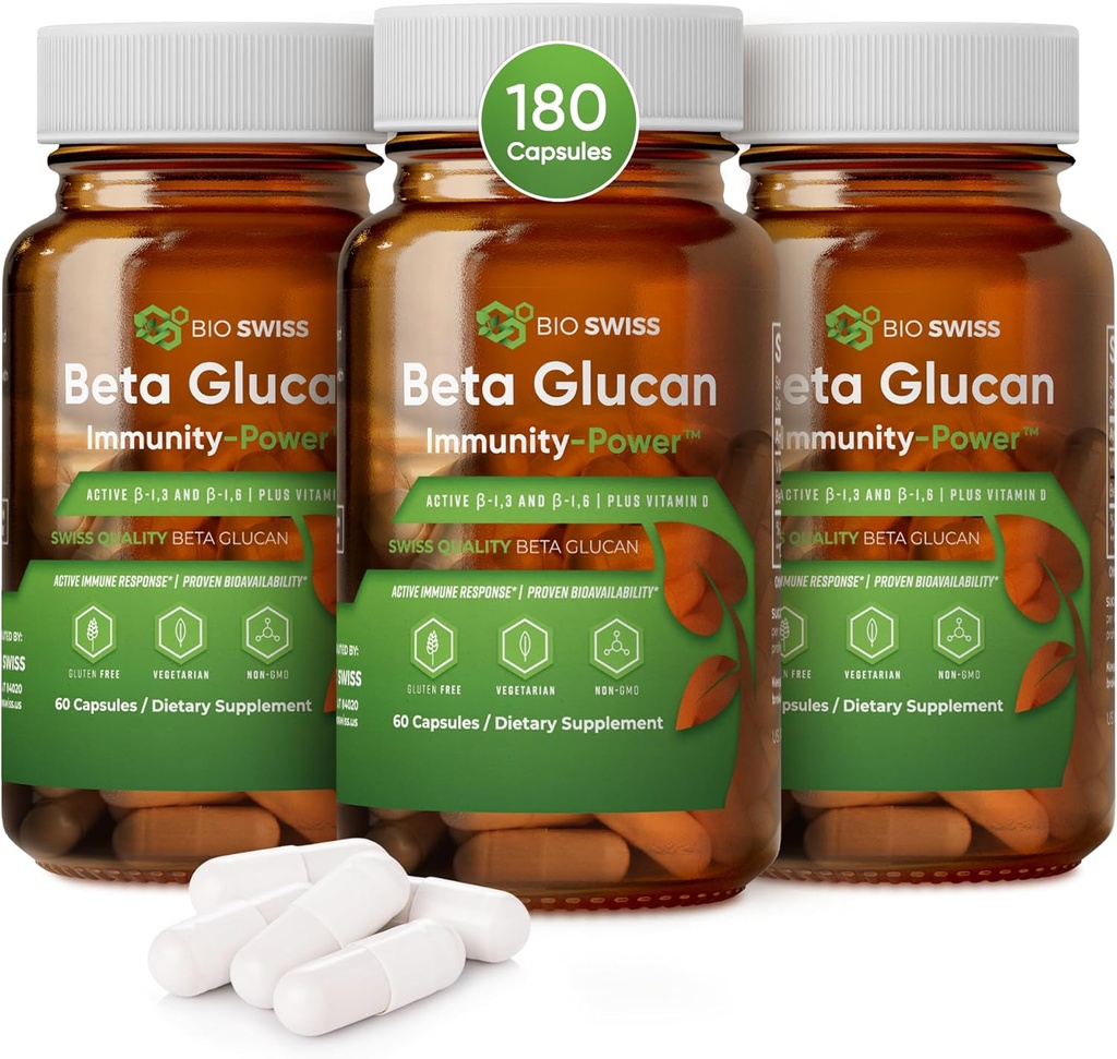 Bio Swiss Beta Glucan Immunity Power - 1,3D-1,6D Glucan with Vitamin D - 강화 된 방어 및 웰빙을위한 면역 지원 보충 - Vegan, Gluten-Free (180 캡슐)