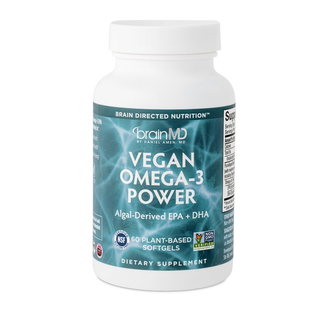 BRAINMD Dr Amen Vegan Omega-3 Power - 60 식물 기반 Softgels - 1,100 EPA 및 DHA의 mg - 초점, 기억 및 심장 건강 지원 - Vegan, 글루텐 무료 및 비 GMO - 30 서빙