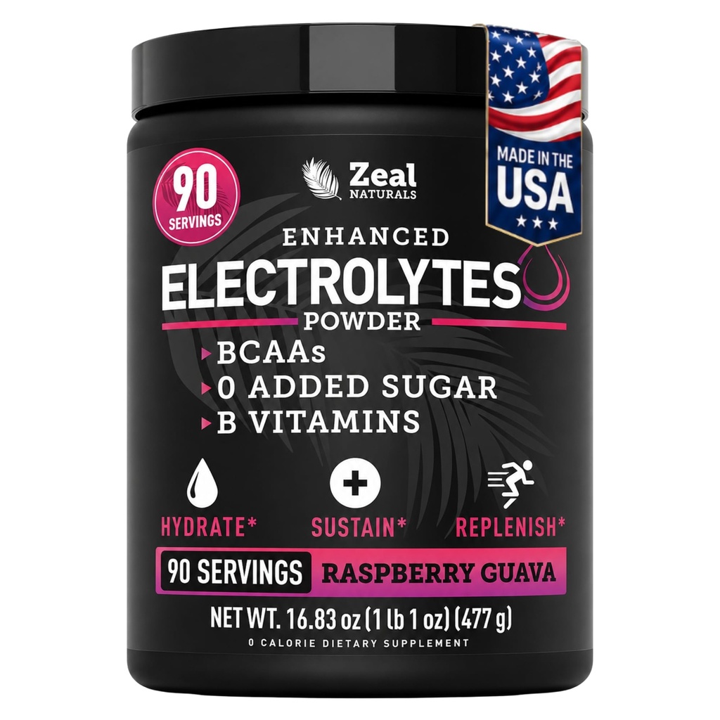 Zeal Naturals Electrolyte Powder Recovery Drink (90 서빙 | 라즈베리 과바) w 0 Sugar +BCAAs +B-Vitamins Electrolyte Supplement w 칼륨 아연 및 마그네슘 히드라 션 - Keto Electrolytes