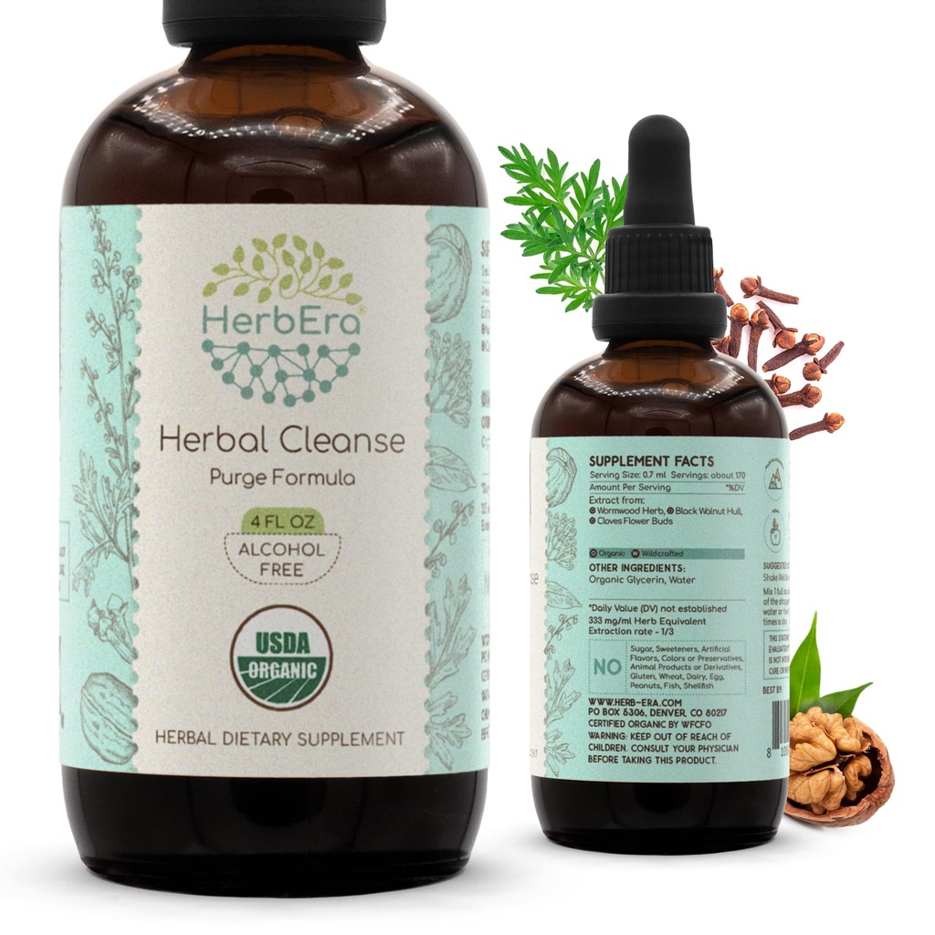 허브에라 허브 클렌징 유기 알코올 프리 텍쳐 | Detox and Cleanse Formula, Extract Supplement | Organic Wormwood Herb, Black Walnut Hull, Cloves Flower Bud | Purge Extract (4 fl oz)