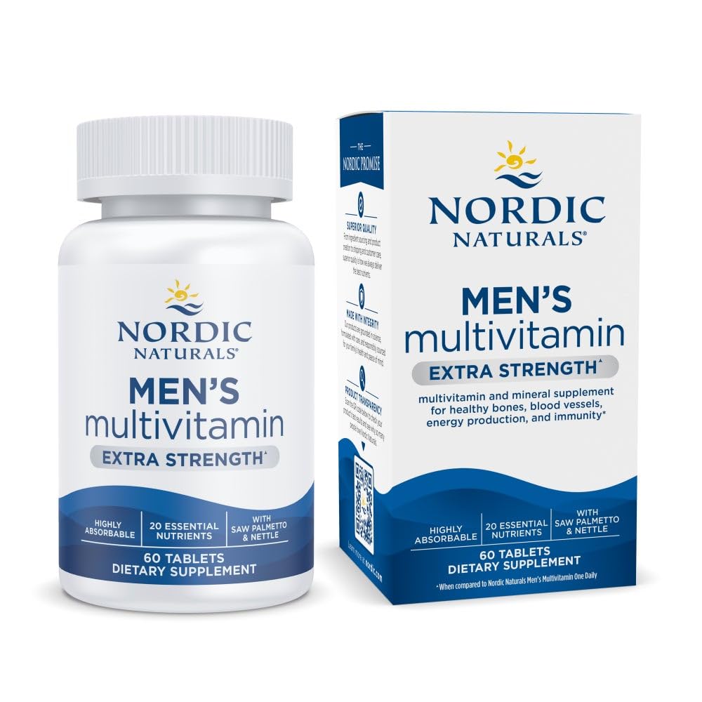 Nordic Naturals Men’s Multivitamin Extra Strength - Bone, Energy, & Blood-Vessel Support - 면역성 보충 - 20 Essential Nutrients - 60 Tablets - 30 서빙