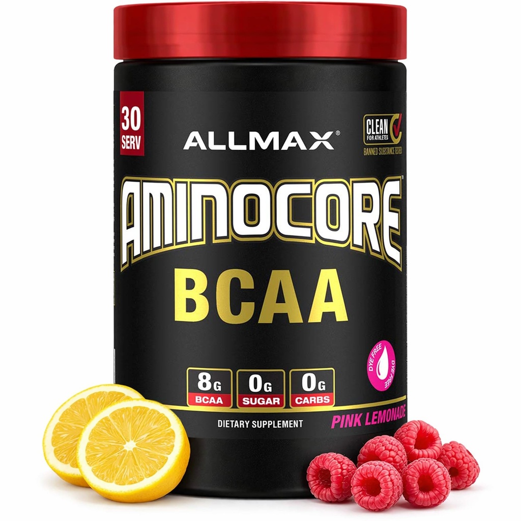ALLMAX 영양 AMINOCORE BCAA – 8G BCAAs – 100% 순수한 분지 사슬 아미노산 – 글루텐 자유로운 - 분홍색 Lemonade - 315 그램