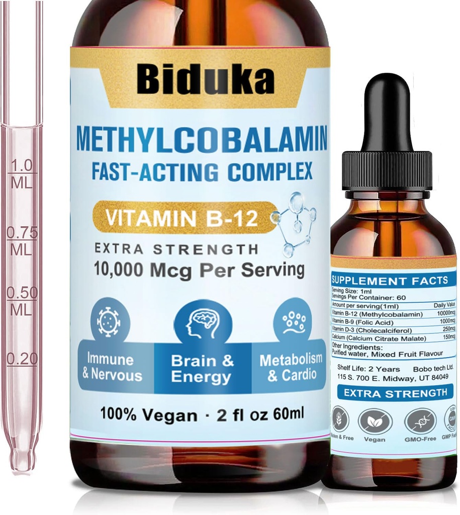 10,000mcg 비타민 B12 이하 언어 액체 하락, D3, B9 (Folic 산), 칼슘, 지원 에너지, 심장, 계류, 뇌, 면역 체계, 채식주의자, 비 GMO & 글루텐 자유로운을 가진 유일한 공식