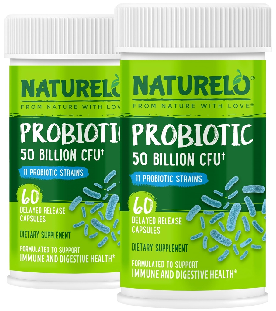소화 건강을위한 NATURELO 프로바이오틱스 - 50 억 CFU, 11 Strains, 매일 사용 보충 - 부스트 면역 체계, 지연 릴리스, No-Fridge, 60 채식 캡슐 (팩 2)