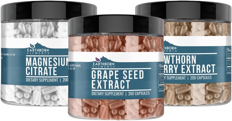 Earthborn Elements Hawthorn Berry, 포도 씨앗, & 마그네슘 시트레이트 번들 (200 모자), 순수 & Undiluted, 첨가물 없음