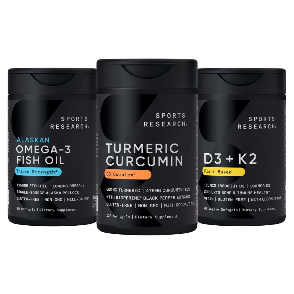 스포츠 연구 야생 알래스카 Pollock 오메가 3 물고기 기름 90 Softgels (1250 mg), Turmeric Curcumin C3 Complex (120 Softgels) 및 Vegan 5000 IU 비타민 D + 100mcg Mk7 비타민 K (60 Softgels)